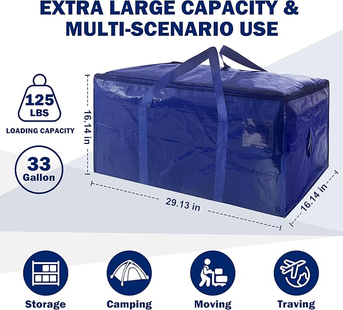 8 Pack Extra Heavy Duty Large Moving Bags with Strong Zipper & Carrying Handles, Sturdy Clothes Storage Bag Totes Bins, Packing Bags Moving Boxes College Moving Supplies, Dark Blue - 33 gal