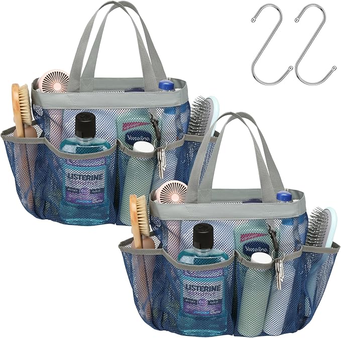F-color Mesh Shower Caddy Portable - 2 Handles Upgrade Deeper 7 Pockets Basket Bag Tote for College Dorm Room Toiletry Bathroom Essentials Gym Camp Quick Dry with S Hook, 2 Pack Blue