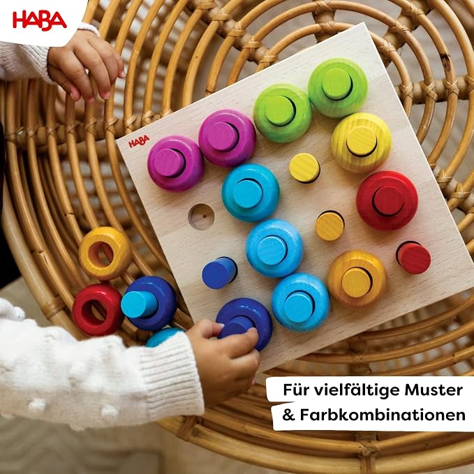 HABA Rainbow Whirls Wooden Sorting & Stacking Rings Shape Sorter, Educational Toys for 2 Year Old & Up, Color Sorting Fine Motor Toys, Made in Germany
