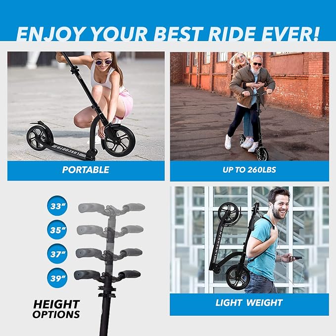 LaScoota Kick Scooter for Kids Ages 6+, Teens & Adults, Large 8" Sturdy Urethane Wheels. Adjustable Handlebar, Lightweight, Foldable, 220lbs Max Load