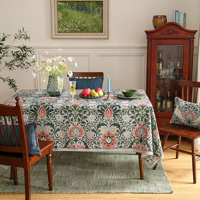 ISAENNE Designer Bohemian Linen Green Small Rectangular Tablecloth,Floral Indoor Table Cloth,Stain Resistant Decor Tablecloths for Dining Thanksgiving Kitchen Party Christmas,55"*71"-Naples
