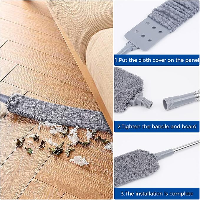 Retractable Gap Dust Cleaner Cleaning Tools with 2 Microfiber Dusting Cloths Long Handle 60inches Washable and Retractable Duster Brush for Cleaning Under Appliances Furniture Couch Fridge