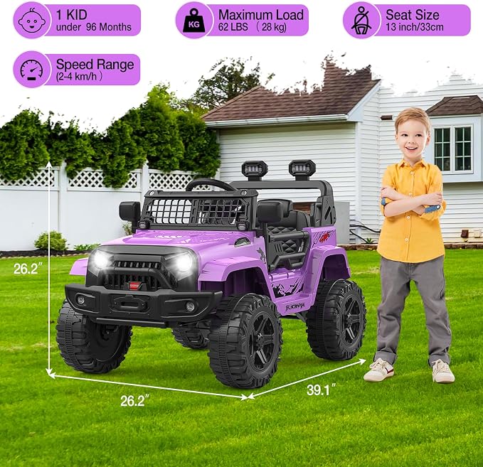 Hetoy 12V Ride on Toys with Parent Remote Control Toddler Electric Vehicle with Spring Suspension, LED Lights, Bluetooth, Music Player, 3 Speeds Ride on Car Truck for Kids Age 3-8 (Purple)