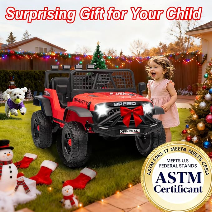 24V Ride on Toys w/Remote Control, 4WD Kids Ride on Truck Car, 3 Speed, Bluetooth Music, Wide Seat, Spring Suspension, LED Light, Birthday for Boys Girls Toddler (D-Red)