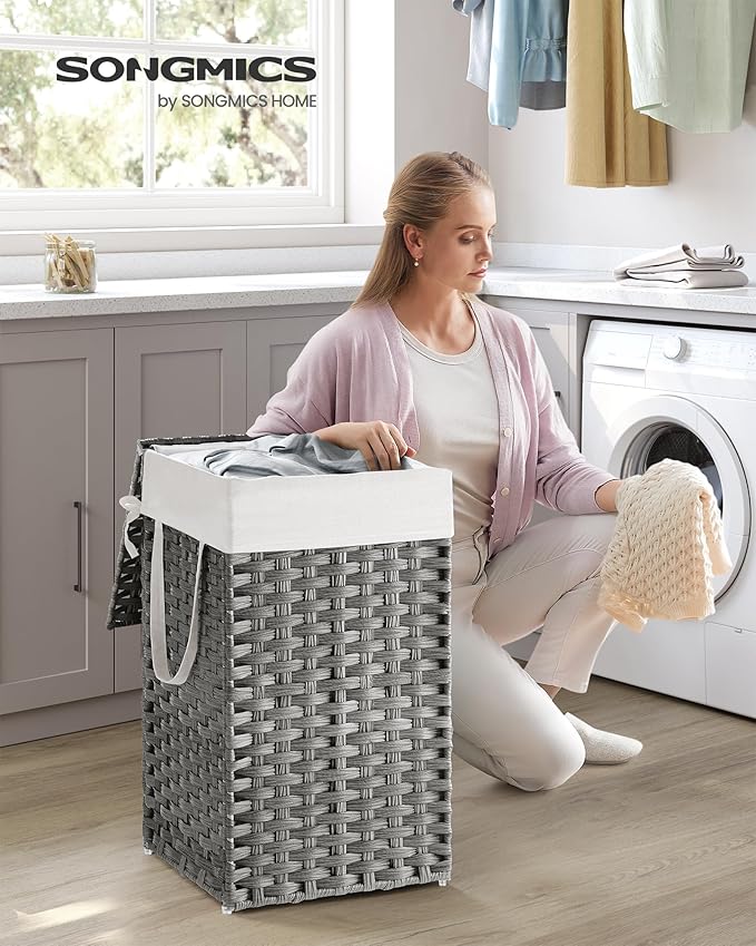 SONGMICS Laundry Hamper with Lid, 17.2 Gallon (65 L) Synthetic Rattan Clothes Laundry Basket with Lid and Handles, Foldable, Removable Liner, Dove Gray ULCB165G01