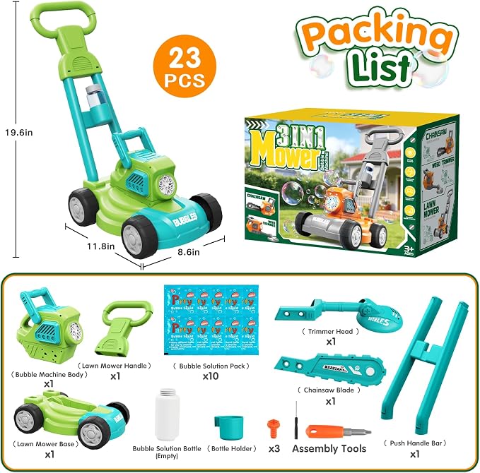 Bubble Lawn Mower for Kids,3-in-1 Bubble Machine Blower Toy Ages 3-8 Green | Automatic Bubble Blower,10 Solution Packs,Pretend Gardening Play,Push Toy for Toddlers,Summer Outdoor Gift for Boys and Girls