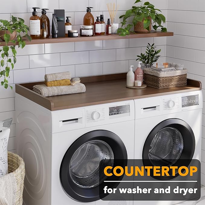 SpaceAid Washer Dryer Countertop, Laundry Wood Shelf Topper with Edge, 54" Width x 27.5" Depth Cover Guard Organizer for Washer and Dryer Laundry Hamper Counter Storage Organization (Brown Wood)