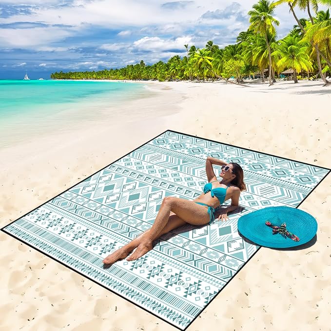 WIWIGO Beach Blanket Waterproof Sandproof Beach Mat 79" X 83"/10'x9'for 2-8 Adults Quick Drying Outdoor Picnic Mat Beach Accessories for Travel, Camping, Hiking