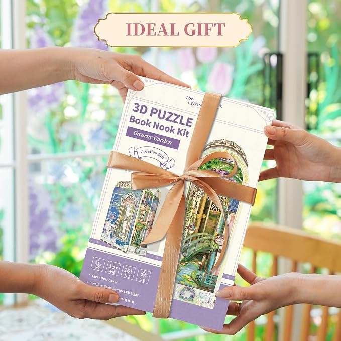 Tonecheer DIY Book Nook Kit for Adults, 3D Puzzle Wooden Miniature House Kit, Booknook Dollhouse Bookshelf Insert Decor Bookend with Dust Cover and LED Lights Gifts (Giverny Garden)