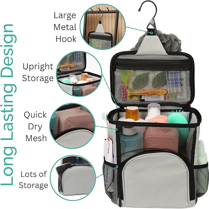 Original Portable Shower Caddy For College Dorms - Foldable Mesh Tote - Dorm Room Essentials - Durable Hanging Travel Shower Bag - Perfect for College Students, Men, Women (Grey)