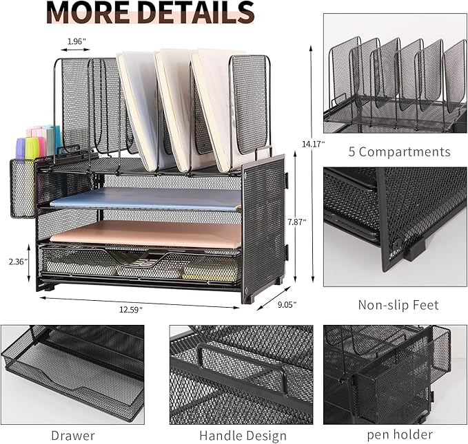 Desk Organizers and Accessories, 3-Tier Paper Organizer with 5 Vertical File Holders, File Organizer for Desk (Black With Drawer, 3T With Drawer)