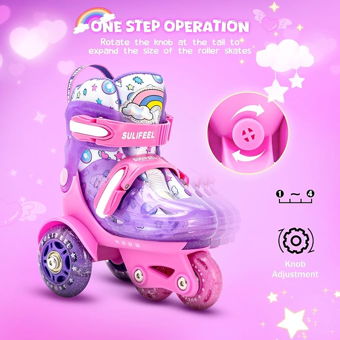 SULIFEEL Adjustable Roller Skates for Girls Boys Kids,Fun Illuminating Light Up Flash Wheels Three-Point Type Balance Suitable for Beginners Indoor Roller Skating