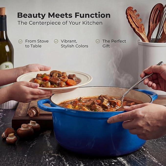 Zulay Kitchen 6 Quart Enameled Cast Iron Dutch Oven Pot with Lid – Premium Durability & Oven Safe up to 500°F – Heavy Duty Cookware Perfect for Bread Baking, Stews, Braising & Roasting - Blue