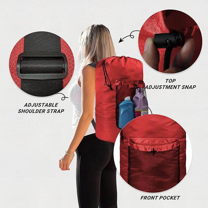 Laundry Bag with Shoulder Straps and Mesh Pocket Laundry Backpack Large Portable Laundry Hamper for College Laundromat Apartment (Red)