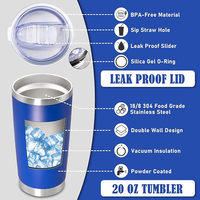 20 oz Tumbler Coffee Travel Tumblers Bulk with Lid Stainless Steel Double Wall Vacuum Insulated Mug Powder Coated Cups fit Car Cupholder for Hot and Cold - Dark Blue, 1Pack