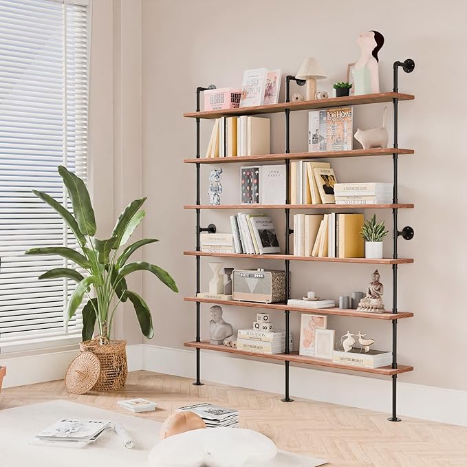 Industrial Ladder Shelf Bookcase, Wall Mounted Rustic Bookshelf, Retro Wood Metal Pipe Industrial Shelves for Living Room(Weathered Brown, 6 Tier - 10" D x 70" W x 82.5" H)