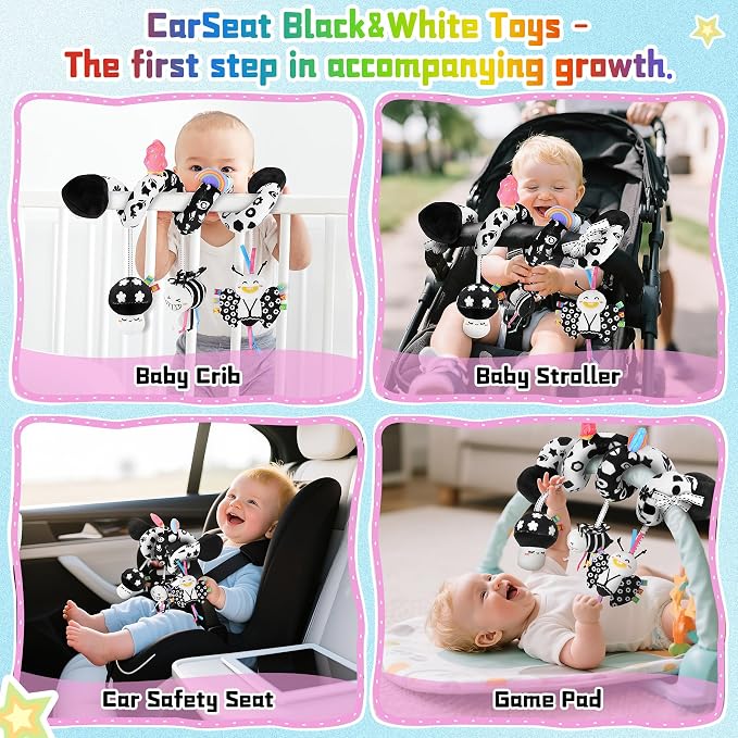 Spiral Car Seat Toys for Babies, 0-6 Months Stroller Pram Activity Hanging Toys High Contrast Black and White Sensory Toy, Newborn Soft Plush Travel Toy for Newborn Boys Girls Gift