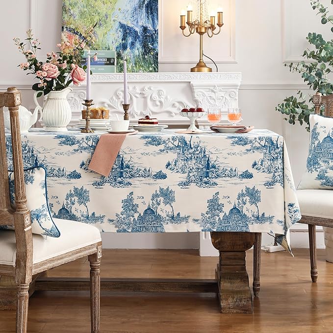 patdrea Designer Vintage Cyan Long Tablecloth for Rectangle Table,Linen Ancient Castle and Manor Pattern Tablecloths,Table Cover Decor for Kitchen Dining Christmas,Thanksgiving,63"x94"-Lucerne a