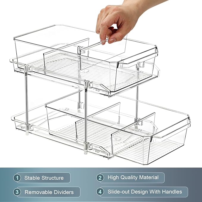 2 Set, 2 Tier Clear Organizer with Dividers for Cabinet, Shlef, Counter - MultiUse Slide-Out Storage Container - Kitchen, Pantry, Medicine Cupboard Bins, Bathroom, Vanity Makeup, Under Sink Organizing
