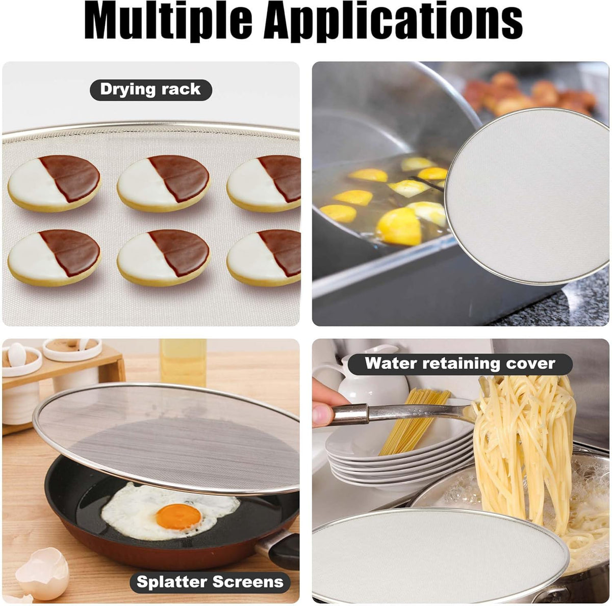 Splatter Screen for Frying Pan, Grease Splatter Guard, Stainless Steel Splatter Guards for Frying with Long Handle, Kitchen Oil Splash Guard Cooking Shield, Fine Mesh Strainer (Black, 12 inch)