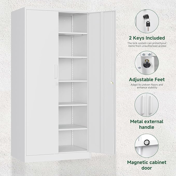 Letaya Metal Storage Cabinets with Lock Door,Steel Locker Garage Cabinets 5 Adjustable Shelves for Home,Office, Warehouse(White)