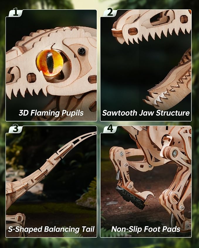 ROBOTIME Dinosaur 3D Wooden Puzzles, Velociraptor Model Kits can Walk, Mechanical Dinosaur STEM Toys, 3-D Puzzles Building Kit Gifts