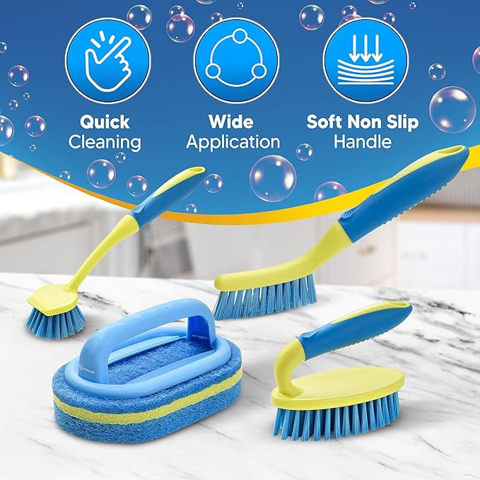 Scrub Brush Set for Bathroom Kitchen Bathtub Toilet Deep Cleaning Brush Tools All Purpose Cleaner Sponge Scrubbing Brushes with Ergonomic Handle, 4-Piece