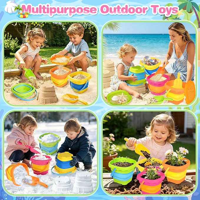 SpringFlower Beach Toys for Kids,Sand Toys for Toddlers with Collapsible Beach Buckets & Shovels Set,Travel Sandbox Toys for Toddlers Gifts Boys Girls Summer Outdoor Toys