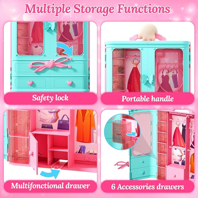 Style Shine 70 Pcs Doll Closet with Clothes & Accessories Playset,2 Wedding Gowns 6 Fashion Dresses 2 Tops 2 Pants 2 Swimsuits 10 Shoes 20 Hangers 27 Accessories Toys for Girls Kids Gifts