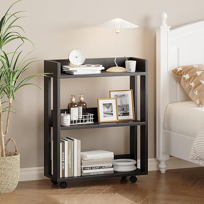 ALISENED Small Bookshelf and Bookcase, 3 Tier Wood Nightstand with Wheels, Modern Bedside End Table with Storage Rack for Bedroom, Library, Living Room, Home, Office Cart, Black