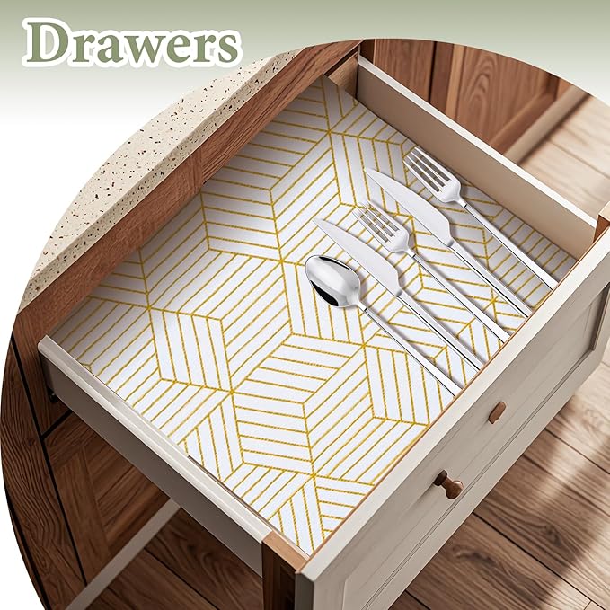 Shelf Liners for Kitchen Cabinets 12in x 40FT, Non Adhesive Cabinet Liner Strong Non-Slip Thickened Gold Geometric Drawer Liner, Easy to Clean for Shelf, Cabinet with Knife and Tape Measure