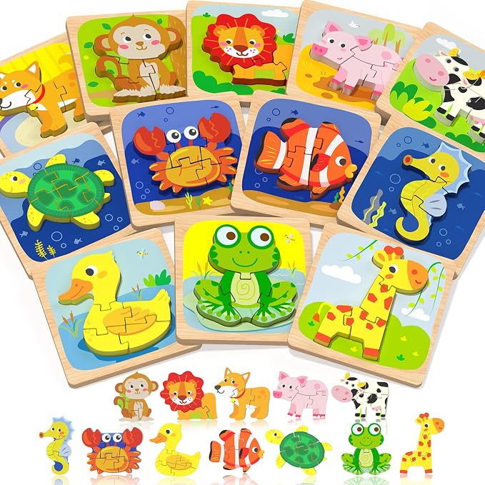 Benresive Wooden Toddler Puzzles, 12pcs Animal Montessori Toys for 1-3 Year Old Boys & Girls, Learning Educational Preschool Toys, Great Gifts for 1 2 3 Year Olds