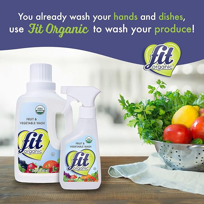Fit Organic Produce Wash Soaker – USDA Certified Organic Fruit & Vegetable Cleaner, Tasteless & Odorless, Chemical-Free, Kosher, Safe for Family, Kids & Pets – 32 FL Oz (2-Pack)
