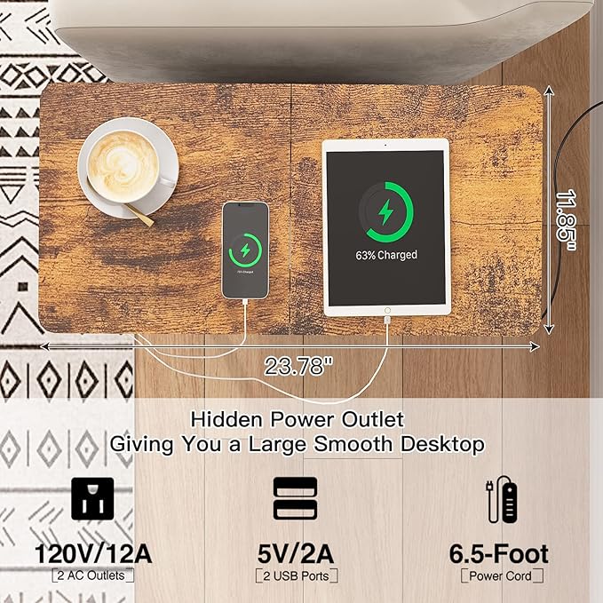 LIDYUK End Table with Charging Station, Narrow Side Table with Drawer and USB Ports & Power Outlets, Nightstand Bedside Tables for Small Spaces, Bedroom, Living Room, Rustic Brown