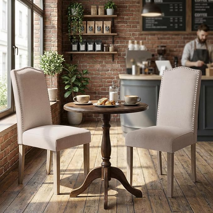 Upholstered Dining Chair Modern Stylish Parsons Kitchen Diner High Back with Silver Nailhead Trim & Wood Legs, Set of 2, Fabric Beige