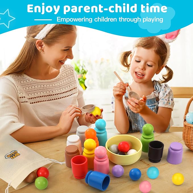 Ball in Cup Montessori Wooden Rainbow Color Sorting Toy for Toddlers - Preschool Color Matching - 12 Balls 40mm