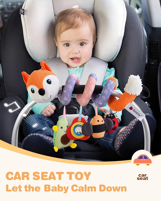 Jollybaby Crib Stroller Car Seat Toys for Baby 0-3-6-9-12 Months, Tummy Time Hanging Sensory Toys for Newborn with Music Box and Teether, Spiral Carseat Toy for Infant Boys Girls Gift (03-Orange Fox)