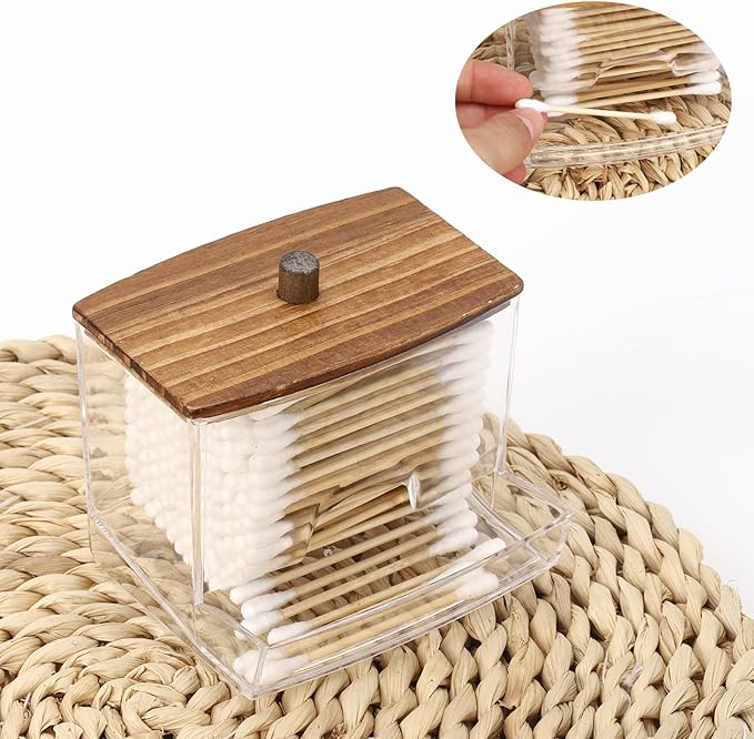 Tbestmax 10oz Qtip Holder Dispenser with Black Wood Lids, Big Cotton Swab Holder Bathroom Accessories Organizer for Storage-Qtips Cotton Ball, Floss Container