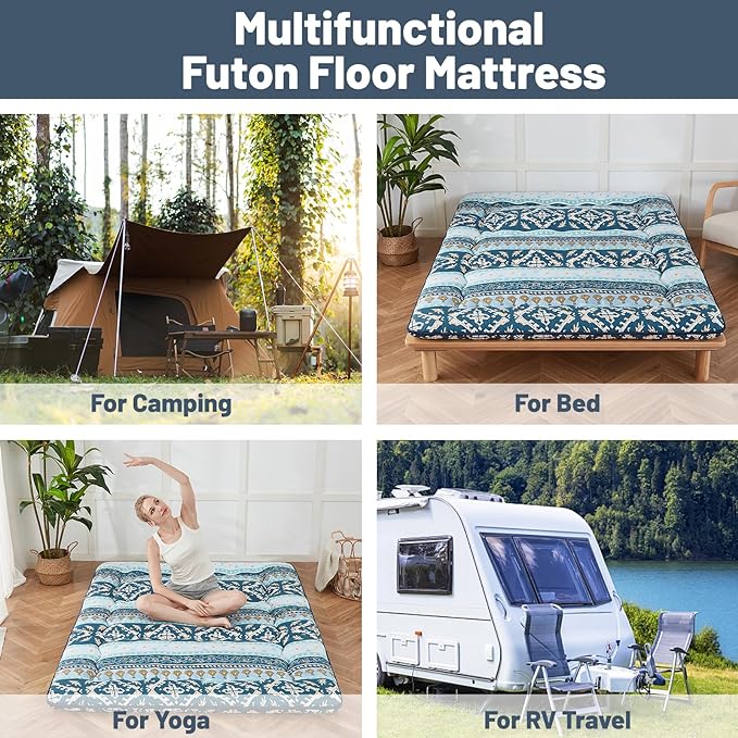 Japanese Floor Mattress, Futon Mattress with Portable Storage Bag and Washable Cover, Roll Up Thick Tatami Mat Suitable for Camping, Guest Room (Blue Striped Jacquard, Full)