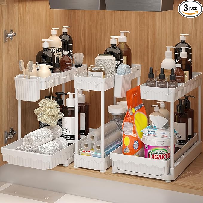 3 Pack Multi-Purpose Under Sink Organizers and Storage, 2026 L-Shaped Pull Out Cabinet Organizer for Bathroom & Kitchen, Under Cabinet Organizer with Hooks Hanging Cup, White