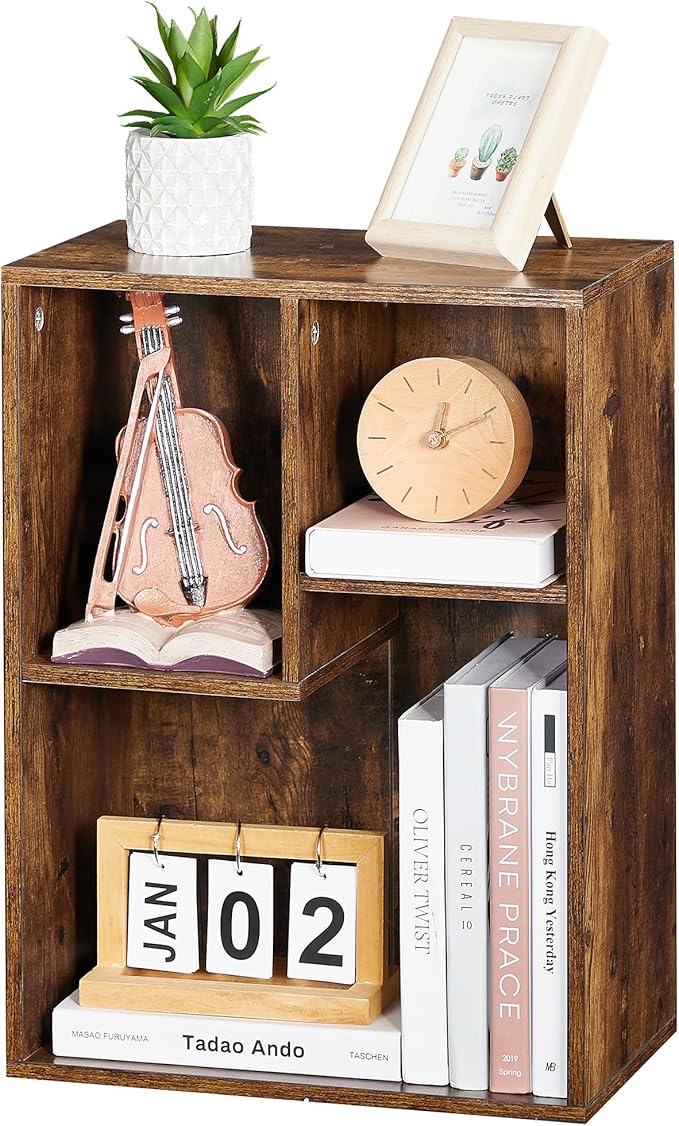 VECELO Small Bookshelf, 3 Cube Shelf, Fits Tallest Hardcovers, Horizontal Available, Short Bookcase for Small Spaces, Vintage Brown
