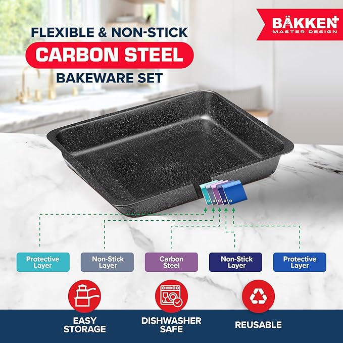 BAKKEN 6-Piece Kitchen Baking Pan Set - Commercial Grade Carbon Steel Bakeware, With Nonstick Coating, Stackable and Space-saving Design, PFOA, PFOS, PTFE Free, Oven Safe (Up To 450°F), Gray Marble