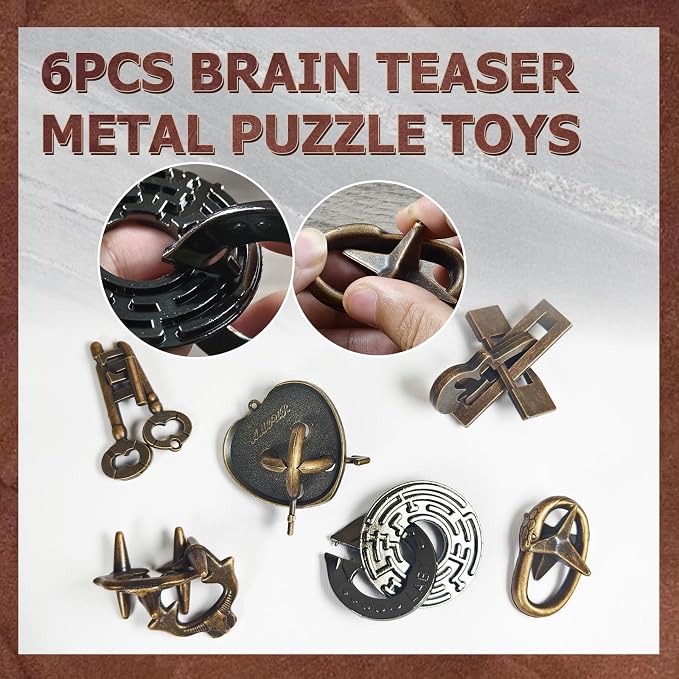 Joyeee 6 Pcs Brain Teaser Metal Wire Puzzles, Mind IQ Test Unlock Toy, Interlock Challenge Puzzle Game Educational Toy Gift for Boys Girls Teens Adults, #B