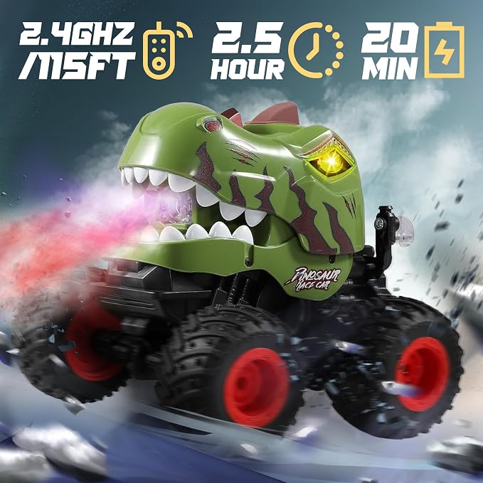BEZGAR Monster Truck Toys - Remote Control Monster Truck with Spray, Light, Music, Dinosaur Toys for Kids, 1:20 Scale RC Truck with 360° Spins and Drifting, Remote Control Car for Boys 4-7 Camo Green