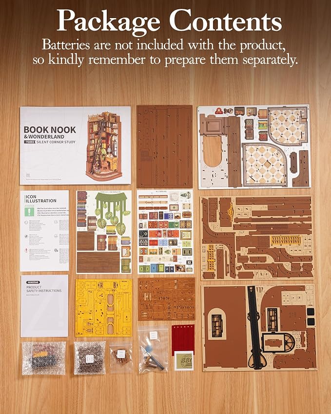 ROBOTIME Book Nook Kit, DIY Miniature House Kit, 3D Wooden Puzzle Bookends,Bookshelf Decor, Simple Assembly Dollhouse Kit, Creative Unique Gifts for Adults/Teens/Beginner (Silent Corner Study)
