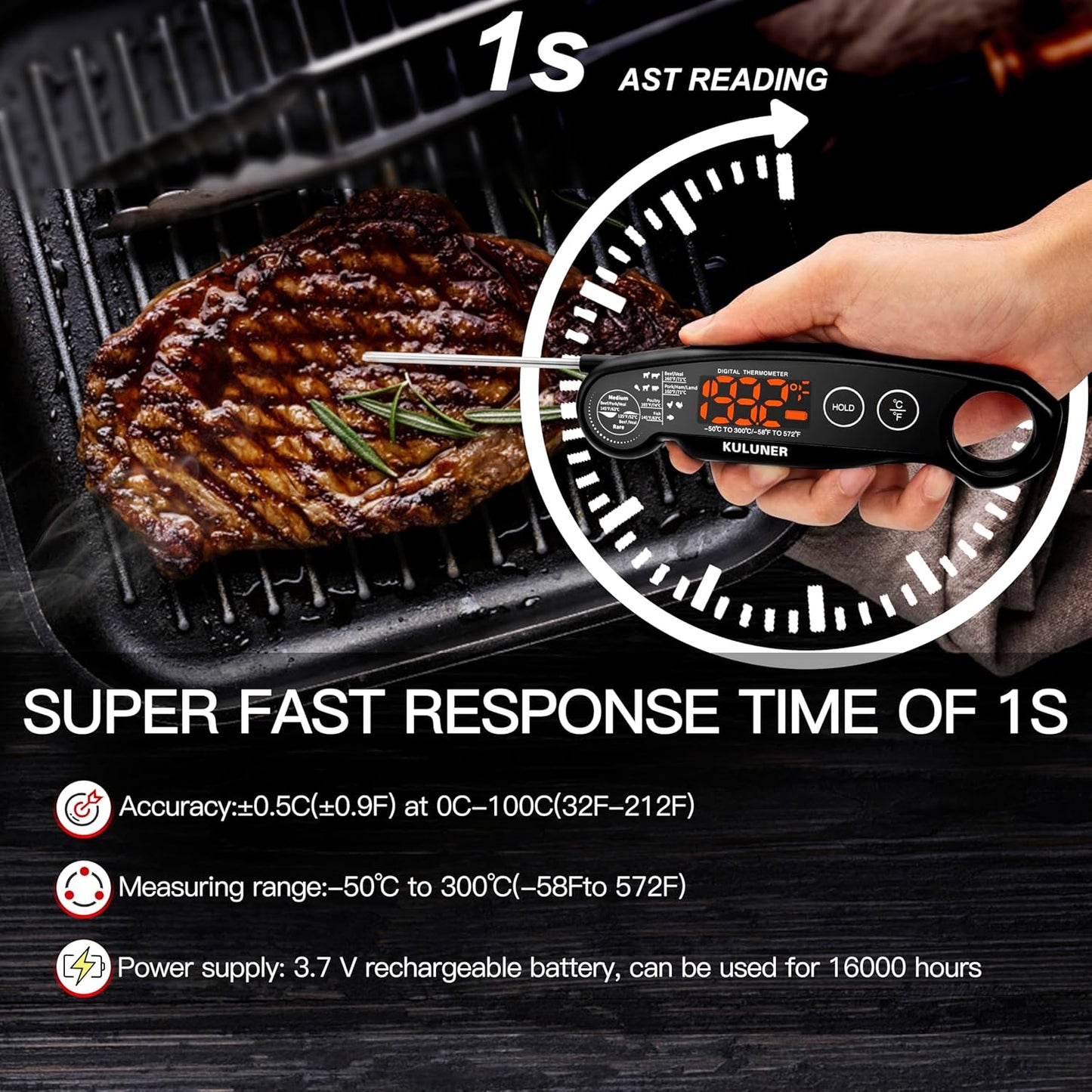 KULUNER 1-Second Rapid and Accurate Meat Thermometer - Waterproof Multifunctional Kitchen Food Thermometer, Ideal for Frying, Smoking, Grilling and More (Black)