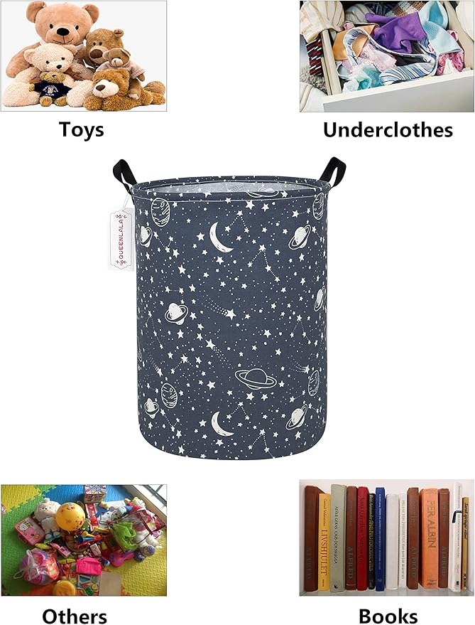 QUEENLALA Large Storage Basket,Laundry Hamper/Bathroom/Home Decor/Collapsible Round Storage Bin,Boys and Girls Hamper/Boxes/Clothing(Round-blue-starry sky)