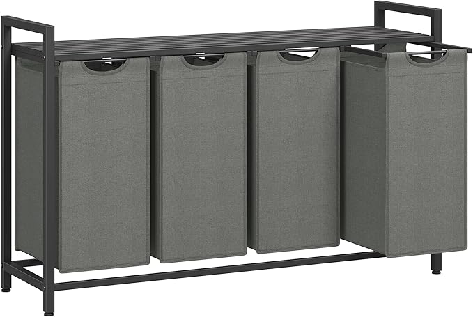 VASAGLE Laundry Hamper, Laundry Basket, Laundry Sorter with 4 Pull-Out and Removable Bags, Shelf, Metal Frame, 4 x 10.6 Gallons (40 L), 45.7 x 13 x 28.4 Inches, Slate Gray and Charcoal Gray UBLH401G01