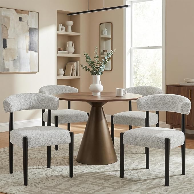 VKNOW Wooden Dining Chairs Set of 4, Modern Upholstered Dining Room Chairs with Black Rubberwood Legs and Curved Backrest, Fabric Kitchen Chairs for Dining Room, Heathered Off-White(Black Legs)