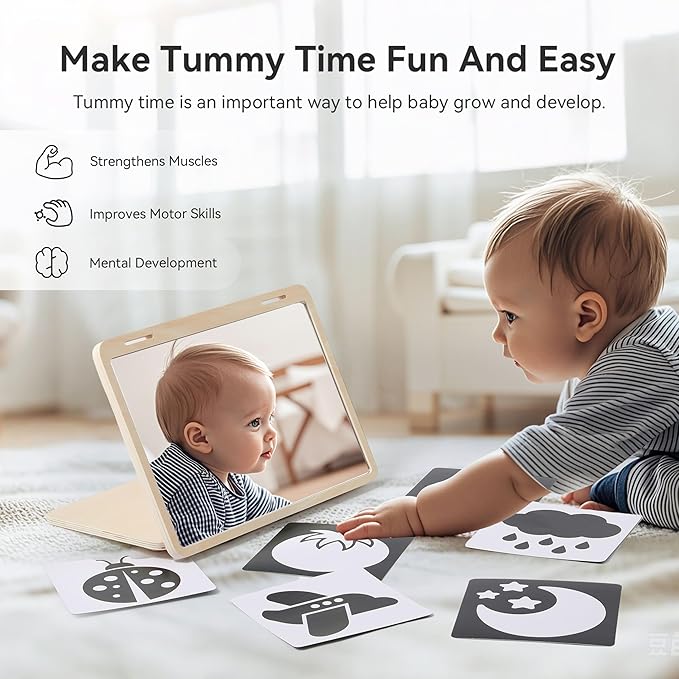 IEATFO Tummy Time Play Set Adjustable Angle, Double-Sided Design, Montessori Tummy Time Toys Large Baby Safe Mirror and Card Display Stand with Black and White High Contrast Baby Cards